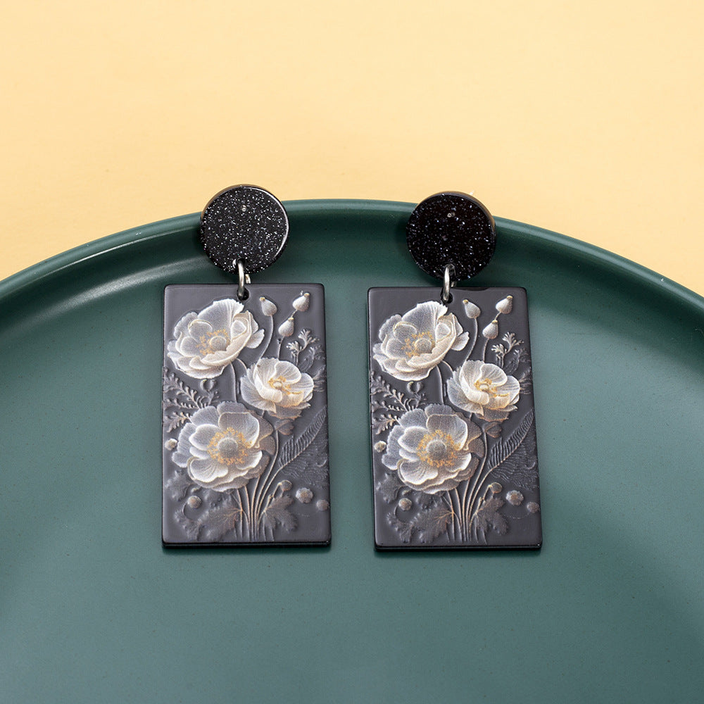 Wholesale Geometric Rectangular Poppy Flowers 3D Printed Vintage Acrylic Earrings